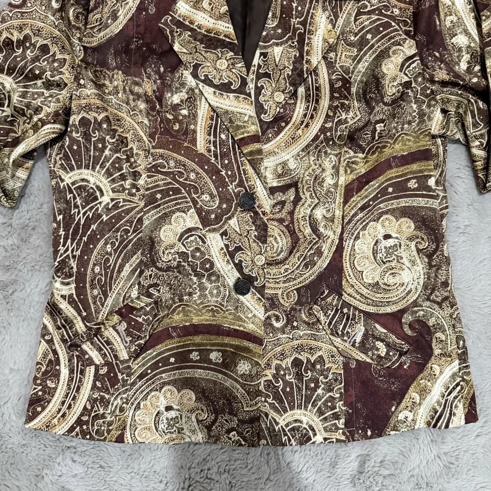 Chicos Size 1 Brown Paisley Design Suit Shiny Dressy Lined Blazer Jacket Festiva